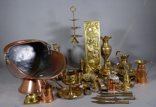 Brassware, including; coal scuttles, jugs, trays, candlesticks, miniature items and sundry, (qty).   S2B