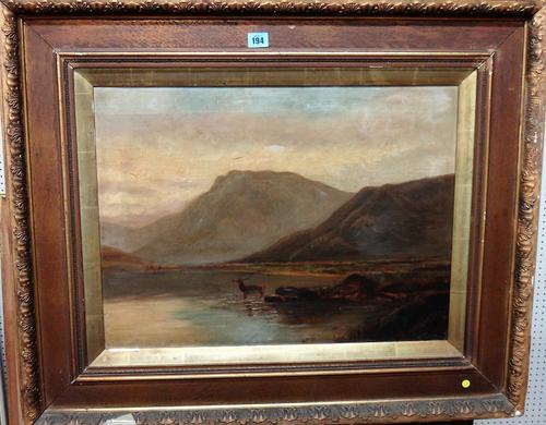 M. Hunter (late 19th century), Highland loch scene with stag, oil on canvas, signed and dated '95, 44cm x 59cm.  E1