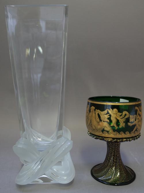 A modern Lalique clear and frosted glass vase of tapering square section with moulded decoration to the base, etched LALIQUE FRANCE, 28.2cm high and a