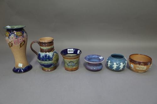 A quantity of Doulton saltglaze stoneware items, mainly late 19th century and early 20th century including; a Queen Victoria Royal commemorative jug (