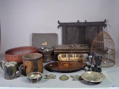 Collectables, including, a cast iron fire screen, 60cm wide x 40cm high, an early 20th century metal lock box, 37cm wide x 14cm high, a red lacquer bo