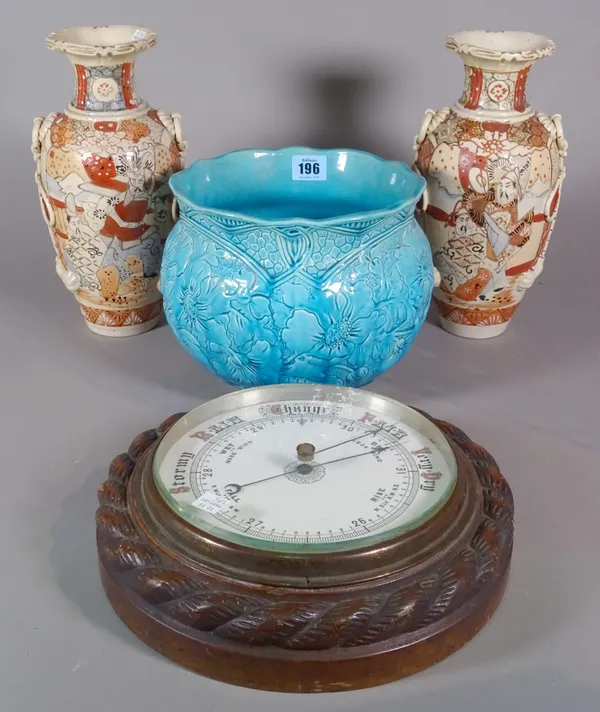 A Burmantofts faience jardiniere, 20cm high, a pair of Japanese Kutani ware vases, 29cm high and an oak cased aneroid wall barometer, (4).   S2T