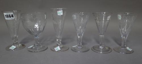 An engraved short ale glass, late 18th century, the pointed rounded funnel bowl engraved with hops and barley, 14cm. high; also a dwarf ale glass with