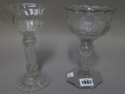 A pedestal stem sweetmeat glass, circa 1770, the facet cut ogee bowl with notched rim, raised on a pedestal stem and hexagonal base, 17.5cm. high; als