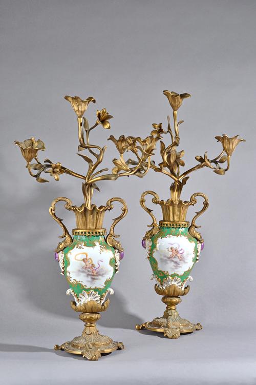 A pair of gilt metal mounted Paris porcelain green ground candelabra vases, C.1850, 62cm high, (a.f), (2).  Illustrated. Property of a lady; By repute