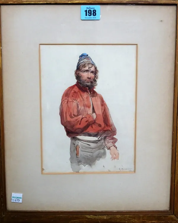 Edward Duncan (1803-1882); Study of a man in Medieval costume; Fisherman, two watercolours, both signed, the larger 24cm x 19cm.; together with a furt