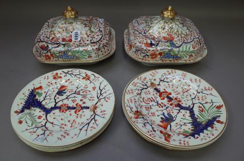 A group of English `Japan' pattern porcelains, early 19th century, comprising; a pair of Chamberlain Worcester canted rectangular tureens and covers,