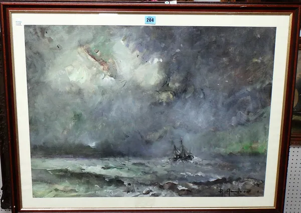Albert Hagers (1915-2005), Vessel in stormy watercs, oil on paper, signed, 52cm x 72cm.  A3