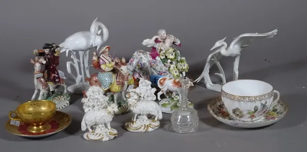 Ceramics, including; a pair of Staffordshire pearlware figures, Germans figures, Meissen style figures and sundry, (qty).   S3T