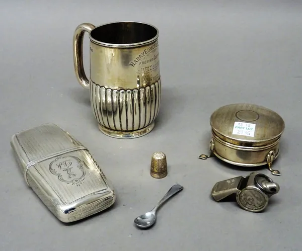 Silver and silver mounted wares, comprising; a christening mug, with partly fluted decoration, presentation inscribed, Birmingham 1901, weight 162 gms