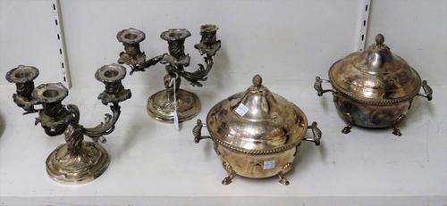 Plated wares, comprising; a pair of three light table candelabra, each of entwined rustic form (one sconce lacking) and a pair of twin handled lidded