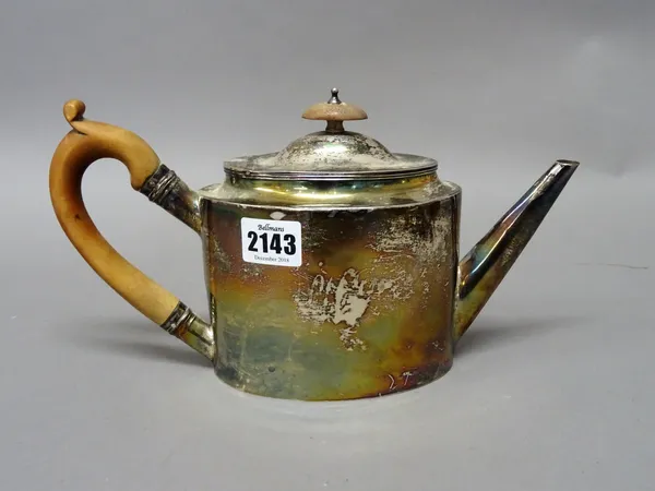 A George III silver teapot, of plain oval form, with a tapering spout, London 1796, with a wooden handle and finial, gross weight 371 gms.