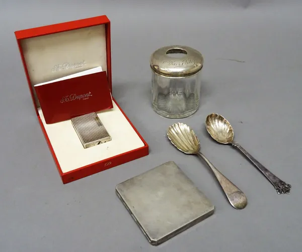 A silver lidded glass hair tidy jar, Birmingham 1906, foreign wares comprising; a Danish cigarette case, a spoon detailed 830S and a spoon detailed M.