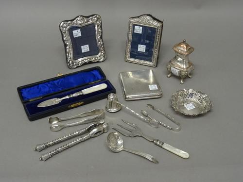Silver and silver mounted wares, comprising; a Victorian butter knife with engraved decoration, having a mother-of-pearl handle, Birmingham 1896, with
