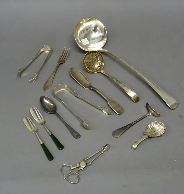 Silver table flatware, comprising; a George III single struck, thread edged, pattern soup ladle, London 1795, Two pairs of sugar tongs, a sugar siftin