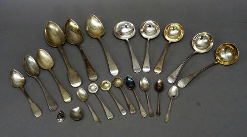 Silver table flatware, comprising a pair of feather edged Old English pattern sauce ladles, London 1790, a pair of Old English pattern sauce ladles, L