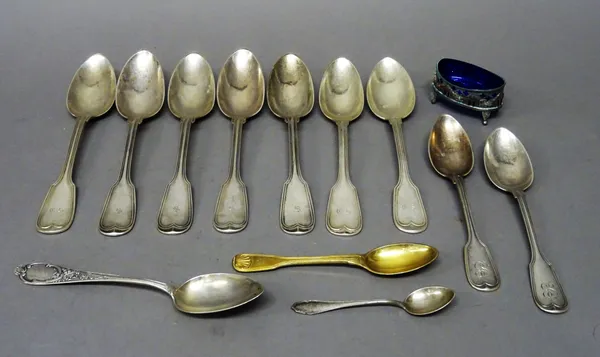 Four German stylized fiddle and thread pattern tablespoon, detailed 800, further German and other table flatware, comprising; three tablespoons, two d