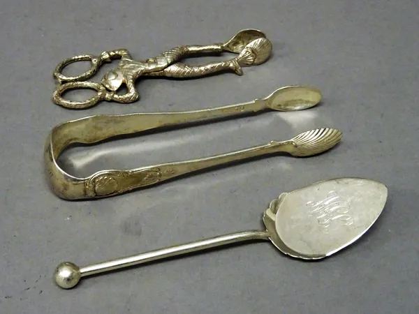 Silver, comprising; a pair of Victorian harlequin sugar nips, London 1845, a preserve spoon, Sheffield 1899 and a pair of Scottish sugar tongs, presen