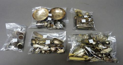 A group of silver mostly flatware, including; spoons, condiment spoons, a knife and a fork and a few further items, approx gross weight 280 gms, forei
