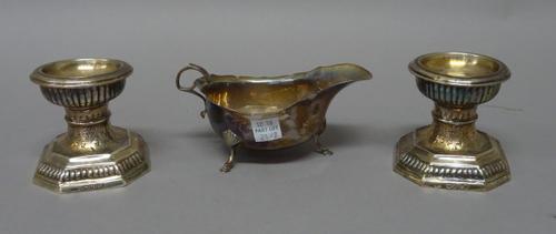 Silver, comprising; a pair of Victorian salts, each of circular form, raised on an octagonal base, with partly fluted decoration and with engraved dec
