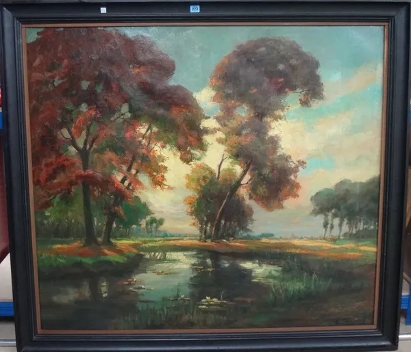 August Costenoble (1894-1976), A woodland pool, oil on canvas, signed, 111cm x 126cm.  A8