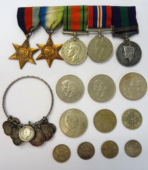 A group of five medals, comprising; The 1939-1945 Star, The Atlantic Star, The Defence Medal, The War Medal and The General Service Medal, George VI i