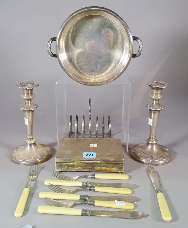 Plated wares, including; a pair of candlesticks, cigarette box, toast rack, flatware and sundry, (qty).   S2T