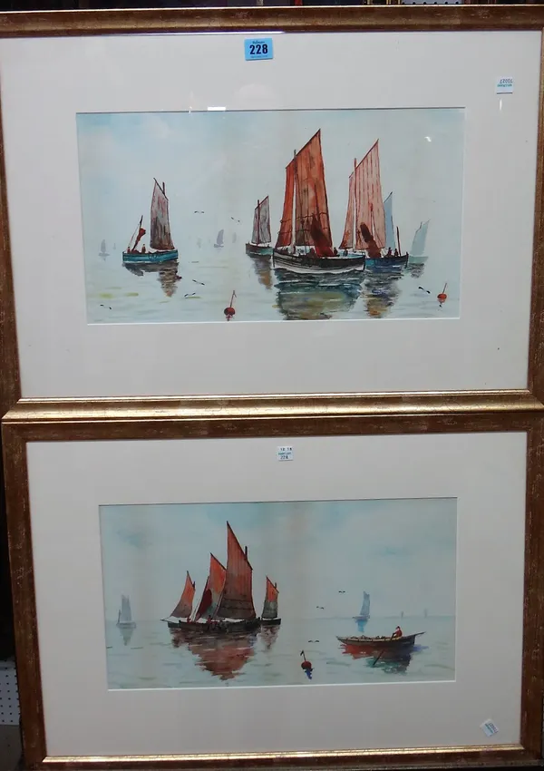 Circle of Garman Morris, Boats at anchor, a pair of watercolours, each 24cm x 43cm.; together with a further watercolour of boats in an estuary by ano