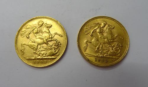 An Edward VII sovereign 1903 P and a George V sovereign 1929 SA, (2).