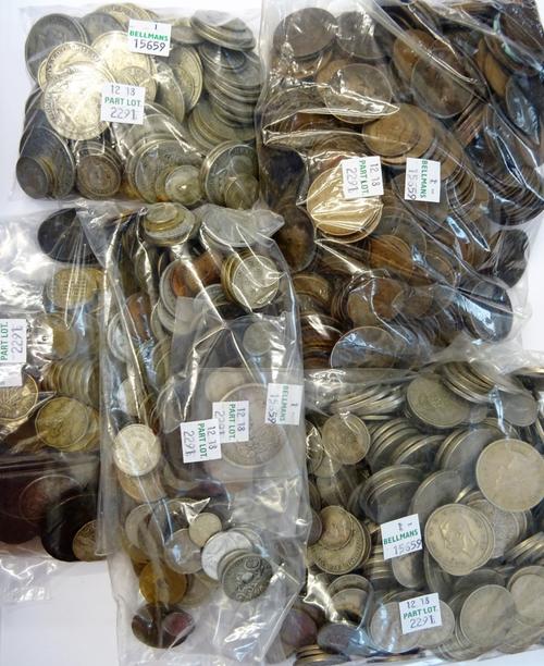 A collection of British and foreign coins, including; an Elizabeth I sixpence 1580, a William III shilling, a Victoria Godless florin 1849, pre-decima