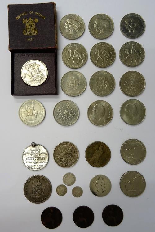 A George III Bank of Ireland six shillings token 1804, a 1951 crown, with the original box, thirteen further Elizabeth II commemorative crowns, two U.