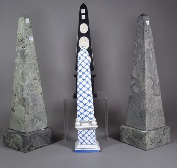 Collectables, including; a pair of slate obelisks, two further obelisks, one decorated with porcelain plaques and a slate stand, (qty), (a.f).   S4M