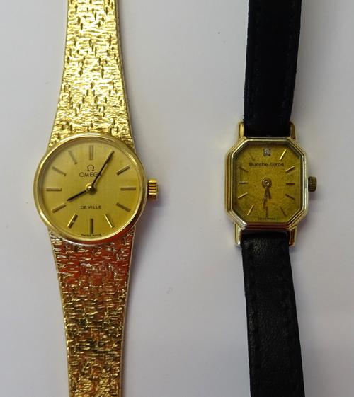 An Omega De Ville 9ct gold lady's bracelet wristwatch, the signed matt gilt dial with gilt baton numerals and with black hands, on a tapering textured