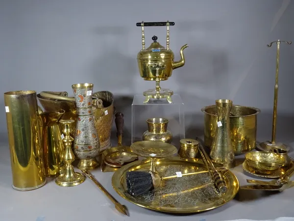 Brassware, including; a coal scuttle, fire tools, trays jugs, vases, kettle and sundry, (qty).   S2T
