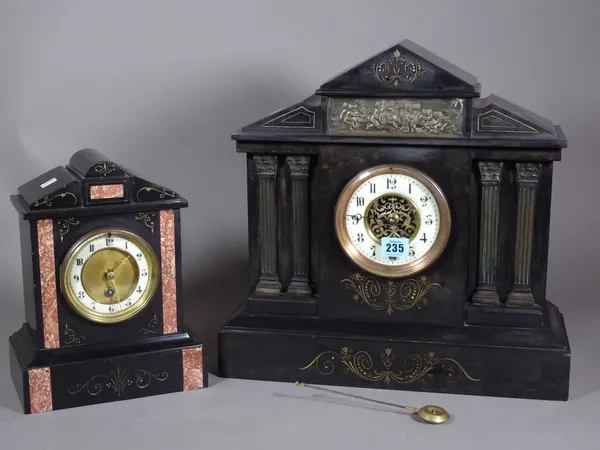 A large 19th century black slate cased mantel clock with eight day movement and another smaller, (2).  S4M