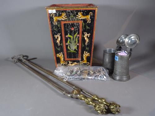 Collectables, including; a painted wooden bin decorated with Indian animals, a small quantity of lead figures, coins, poker chips, fire tools and sund