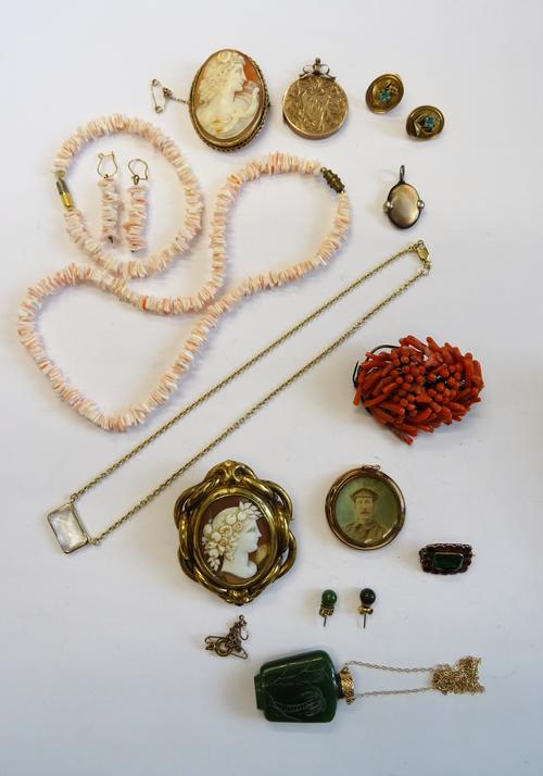 A gold mounted oval shell cameo brooch, carved as the portrait of a lady, a pair of turquoise set earrings, each designed as a forget-me-knot spray, w