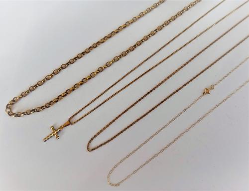 A 9ct gold oval link neckchain, on a boltring clasp, three further mostly 9ct gold neckchains and a gold and colourless gem set pendant cross, combine