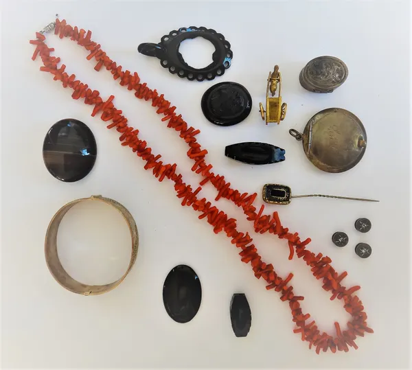 A set of three rose diamond set single stone dress studs, a branch coral necklace, a silver oval hinged bangle, with floral engraved decoration, a mou