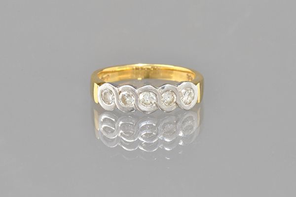 An 18ct gold and diamond set five stone ring, mounted with a row of circular cut diamonds, the shank detailed 0.50 CT, ring size M. Illustrated.
