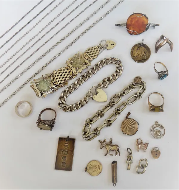 A group of mostly silver jewellery, comprising; three bracelets, a brooch, four neckchains, nine pendants and charms, five rings, a bracelet clasp and