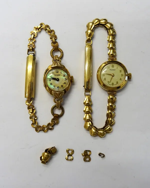 A Rotary 9ct gold circular cased lady's wristwatch, London 1957, on a 9ct gold bracelet, with a foldover clasp and another Rotary 9ct gold cased lady'