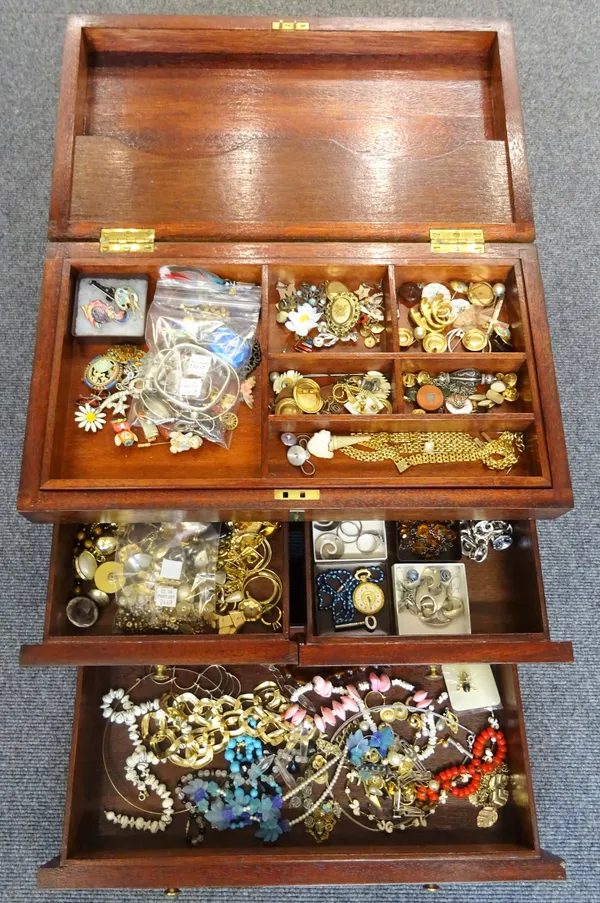 A large collection of mostly costume jewellery, including; a gold ring, mounted with a cultured pearl, a garnet set circular brooch, two pairs of reco