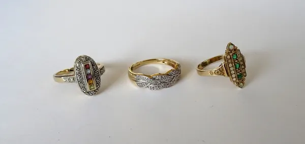 A gold, diamond and varicoloured gemstone set oval custer ring, detailed 375, a 9ct gold and diamond set ring, in an interwoven design and a 9ct gold,