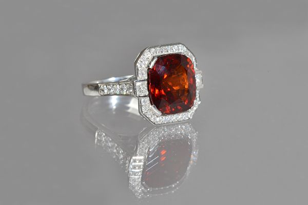 An 18ct white gold, diamond and garnet cluster ring, mounted with the large cushion shaped garnet to the centre, in a surround of circular cut diamond