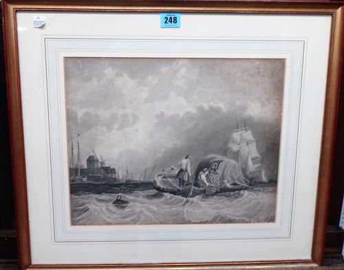 A group of four 19th century sepia and monochrome watercolours, including Vessels off the coast; A vessel passing a lighthouse, Cape St Ellis, Bay of