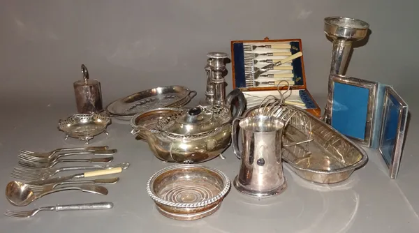 Silver plated wares including; centre dishes, flatware candlesticks, frames toast rack and sundry, (qty).   S1B