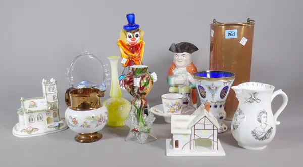 Ceramics & glass, including; Murano style clown, a lustre jug, a Toby jug, Worcester cup and saucer (a.f.) and sundry (qty).   s2T