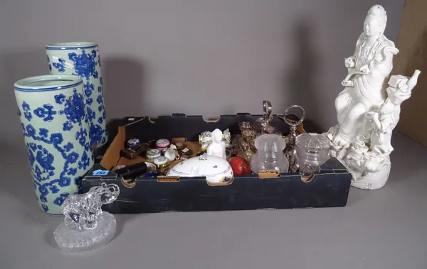 Ceramics & collectables, including; a large blanc de chine figure of Guanyin, silver plated egg stand and a condiment stand, Continental trinket boxes
