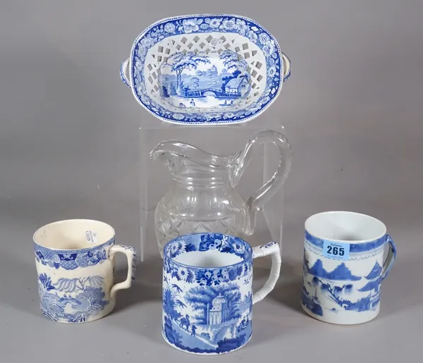 Ceramics, a group of three blue and white tankards, a cut glass jug and a pierced blue and white transfer painted basket, (5).  S2M